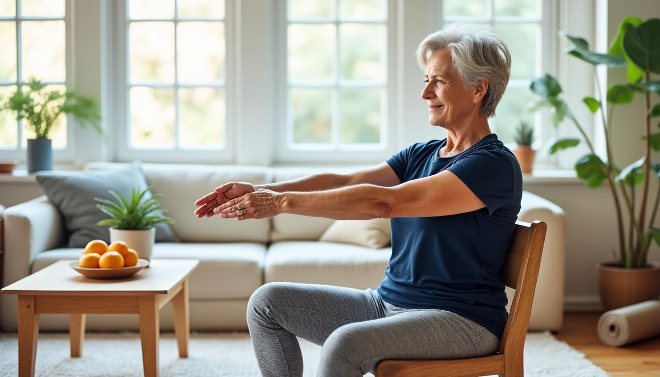 ontdek 4 effectieve stoeloefeningen die armverslapping na je 55ste sneller verminderen dan trainen met gewichten. verbeter je kracht en uiterlijk eenvoudig thuis!