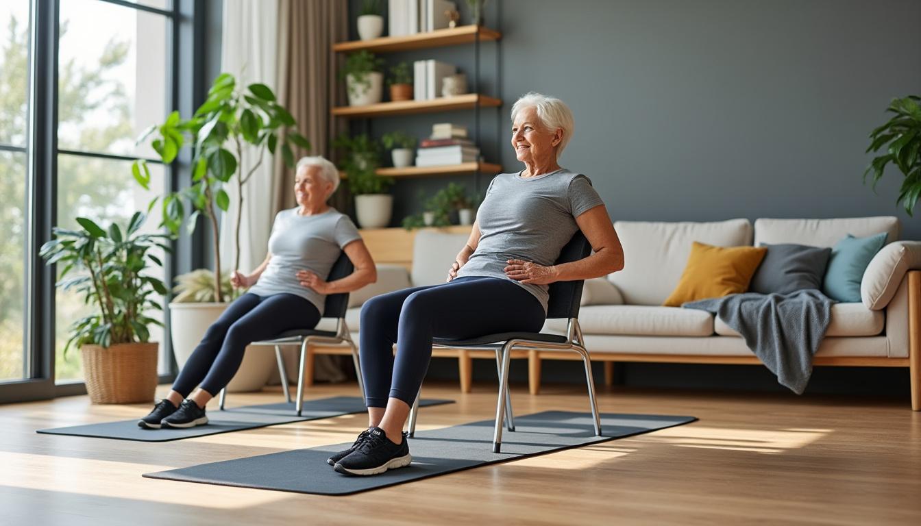 ontdek 5 effectieve stoeloefeningen om na je 60e sneller spiermassa terug te winnen dan met traditionele sportschooltrainingen. blijf fit en sterk thuis!